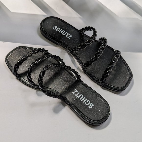 SCHUTZ Diana Flat Jelly Sandals Slides in Black Glitter Size 6 New - Picture 1 of 7